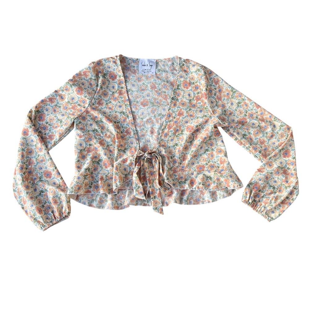 🌸 Sadie & Sage Floral Front Tie Blouse Boho Long Sleeve USA Made XS Top